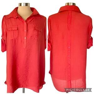 Cotton Express Red Popover Tunic Sz XL Roll Tab Sleeves Back Button Detailing